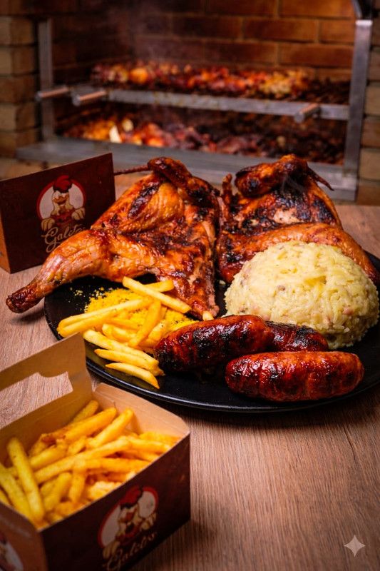 Galeto assado com baião de dois e a churrasqueira de brasa acesa ao fundo